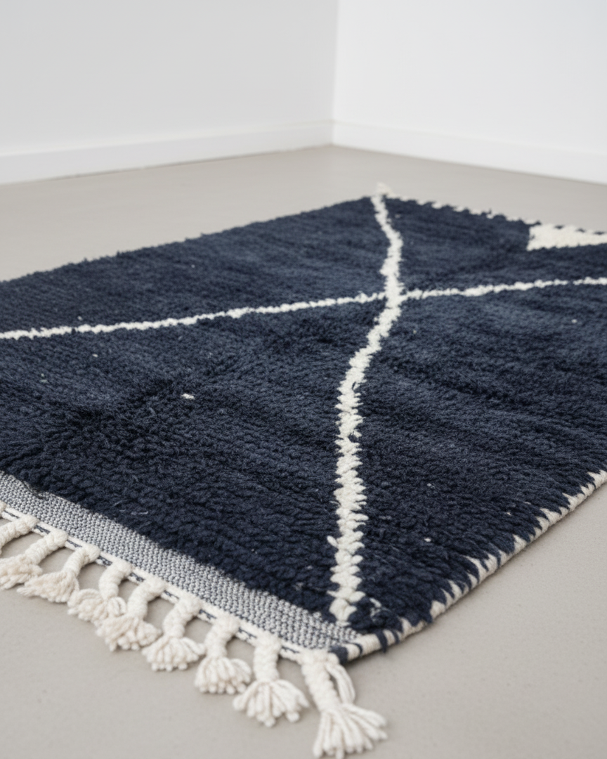 Handmade Moroccan Berber Rug – Black & Ivory Geometric 'X' Design | 4’ × 6.5’ (120 × 200 cm) | Plush Wool Area Rug
