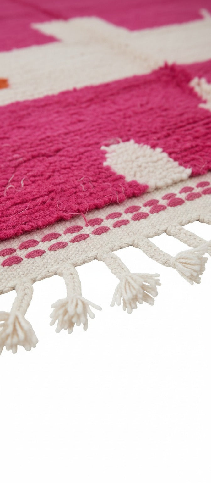 Unique Handmade Moroccan Wool Area Rug – Vibrant Pink, Orange & White | 5.9 x 4.9 ft (1.8 x 1.5 m) | Boho Modern Living Room, Bedroom & Pink Décor Accent