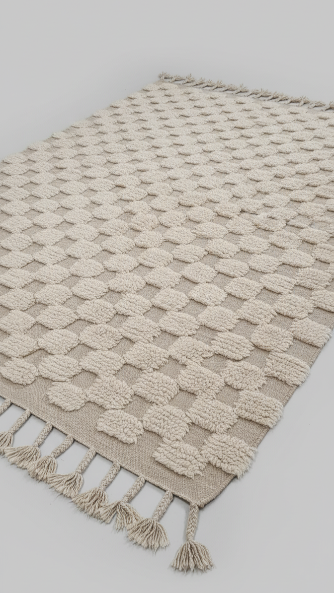 Handmade Beige/White Area Rug – 5.6’ × 8.66’ (172 × 264 cm) | Moroccan hand Tufted  Checkered Rug for living room | Boho Bedroom rugs & Scandinavian Decor Carpet
