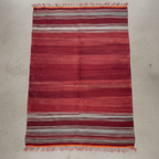 Vintage Moroccan Kilim Hanbel Rug – Handwoven Wool Flatweave Carpet | 9.7 x 6.2 ft (2.95 x 1.9 m) | Red, Grey & Orange Rustic Berber Stripe