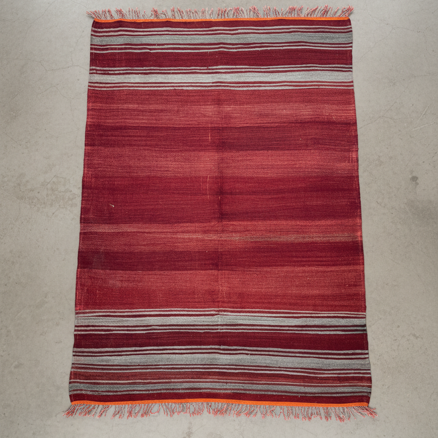 Vintage Moroccan Kilim Hanbel Rug – Handwoven Wool Flatweave Carpet | 9.7 x 6.2 ft (2.95 x 1.9 m) | Red, Grey & Orange Rustic Berber Stripe