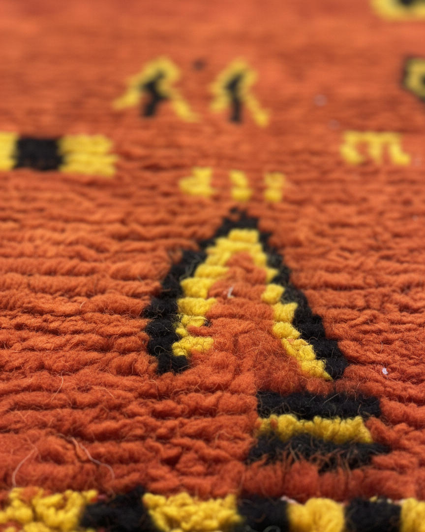 Vintage Handmade Moroccan Wool Rug – Royal Red with Yellow & Black Berber Pattern | 6.6 x 3.9 ft (2 x 1.2 m) | Authentic Tribal Carpet for Living Room & Bedroom