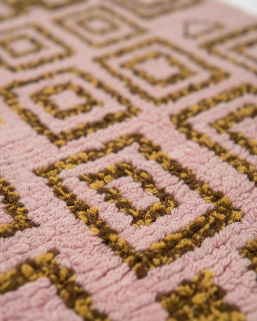 Handcrafted Moroccan Rug – Dusty Pink & Ochre Geometric-Shag Design | 2.7’ × 4.2’ (82 × 128 cm) | Boho Wool Accent Rug