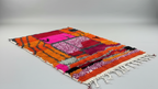 Handcrafted Moroccan Boucherouite Rug – Vibrant Hot Pink & Orange Color-Block | 2.6’ × 4.3’ (80 × 130 cm) | Boho & Modern Accent Rug