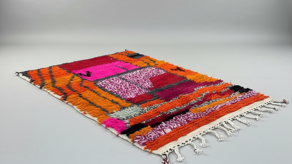Handcrafted Moroccan Boucherouite Rug – Vibrant Hot Pink & Orange Color-Block | 2.6’ × 4.3’ (80 × 130 cm) | Boho & Modern Accent Rug
