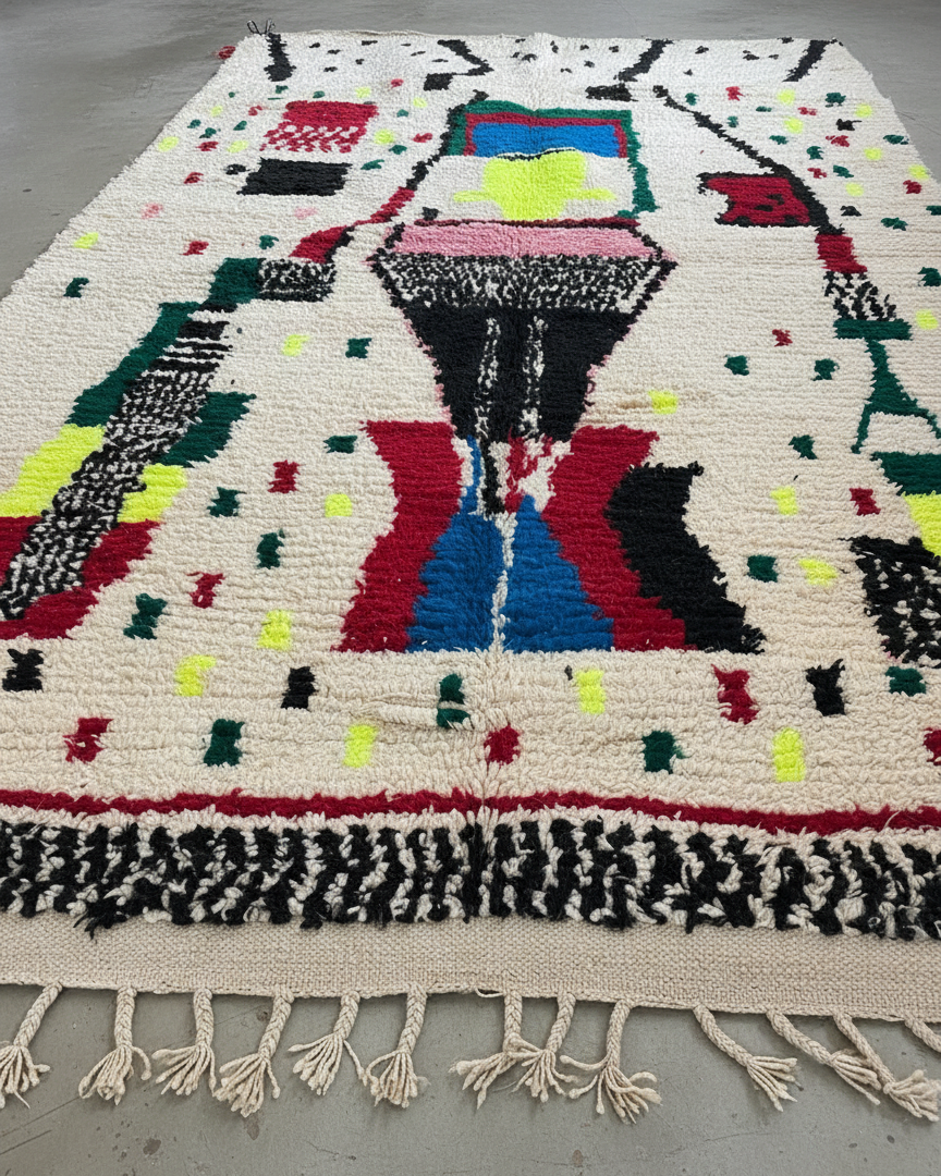 Hand-Knotted Moroccan Azilal Rug – Vibrant Abstract Totem Design | 7.9 x 4.9 ft (2.4 x 1.5 m) | Plush Wool Statement Rug