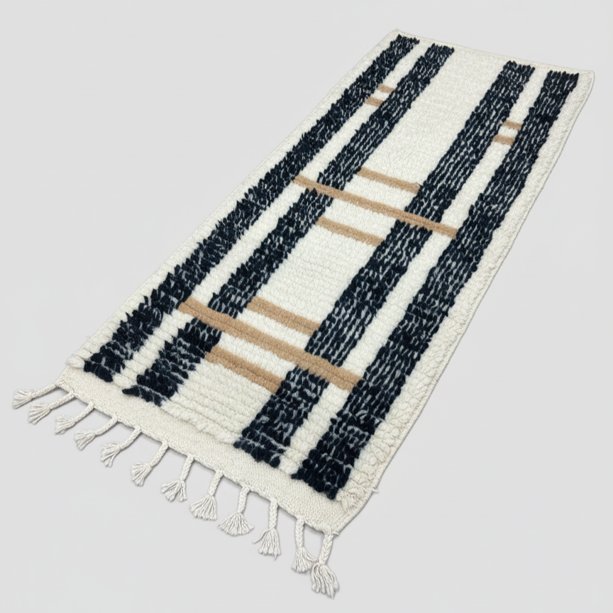 Handcrafted Moroccan-Style Runner Rug – Modern Boho Striped Design | 4.9’ × 2.1’ (150 × 65 cm) | Plush Wool Accent Rug