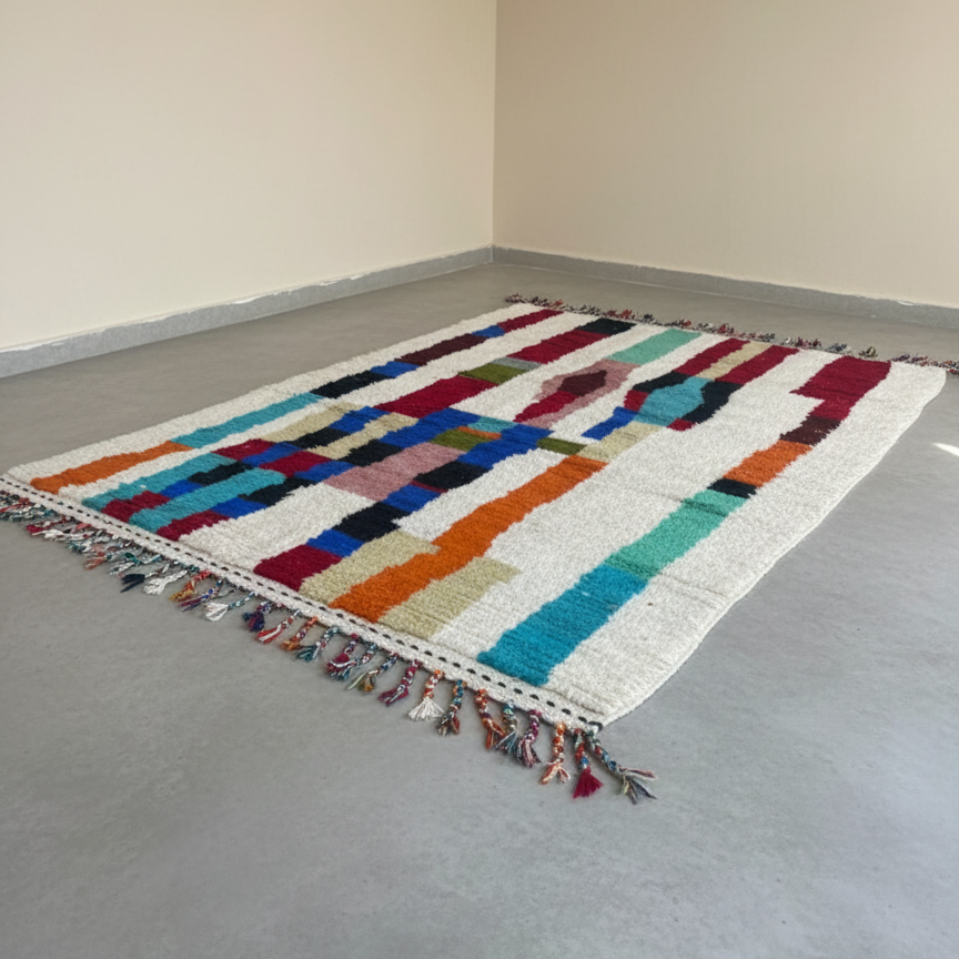 Handcrafted Moroccan Berber Rug – Cream Base with Multicolor Abstract Design | 6’ × 9’ (180 × 280 cm) | Plush Wool