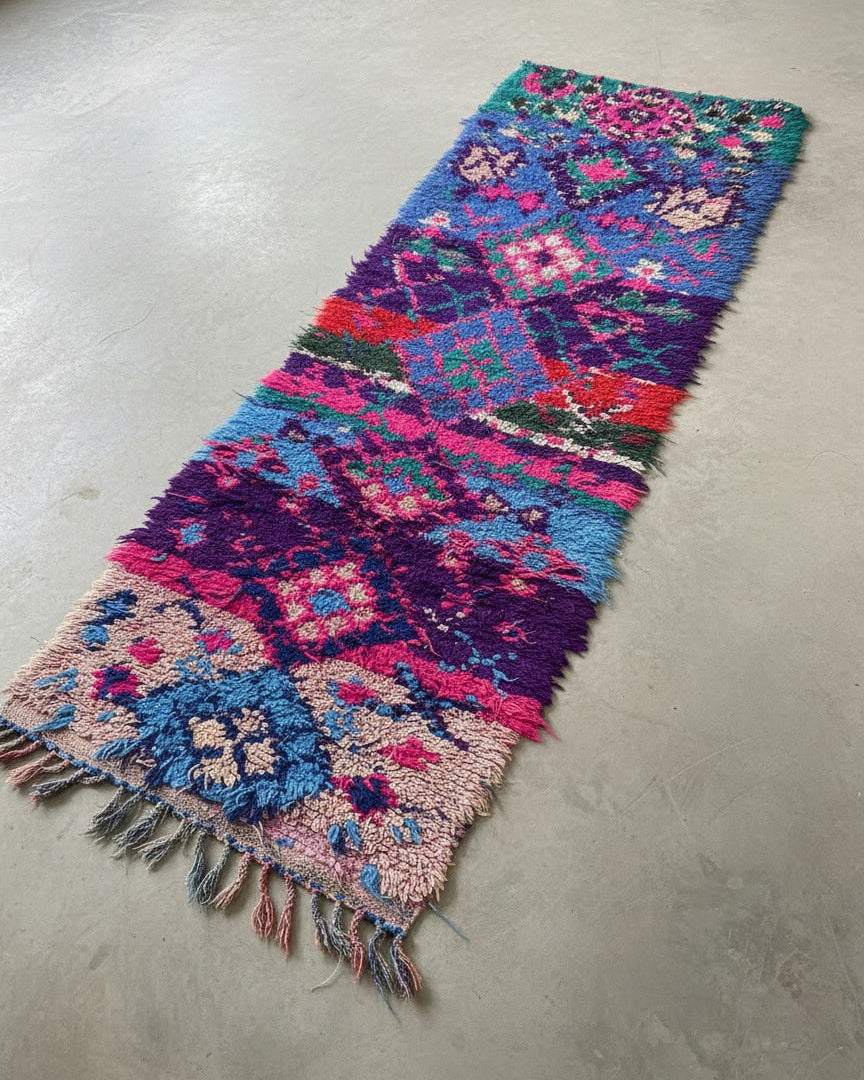 Vintage Moroccan Boucherouite Runner Rug – Handmade Shaggy Wool & Textile Carpet | 2.8 x 8.8 ft (0.85 x 2.7 m) | Colorful Boho Eclectic