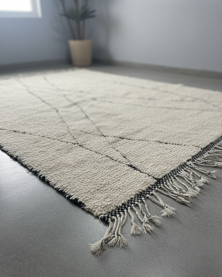 Handmade Moroccan Beni Ourain Rug – Minimalist Geometric Black & Ivory Design | 6.9’ × 8.5’ (210 × 260 cm) | Plush Wool Area Rug