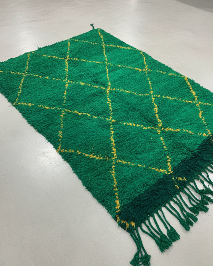 Handcrafted Moroccan Berber Rug – Deep Green & Golden Yellow Diamond Design | 5’ × 7’ (150 × 220 cm) | Plush Wool Shag