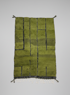 Handmade Moroccan Wool Area Rug – Olive Green with Black Line Pattern | 6.9 x 3.9 ft (2.1 x 1.2 m) | Modern Boho Living Room, Bedroom & Hallway Carpet