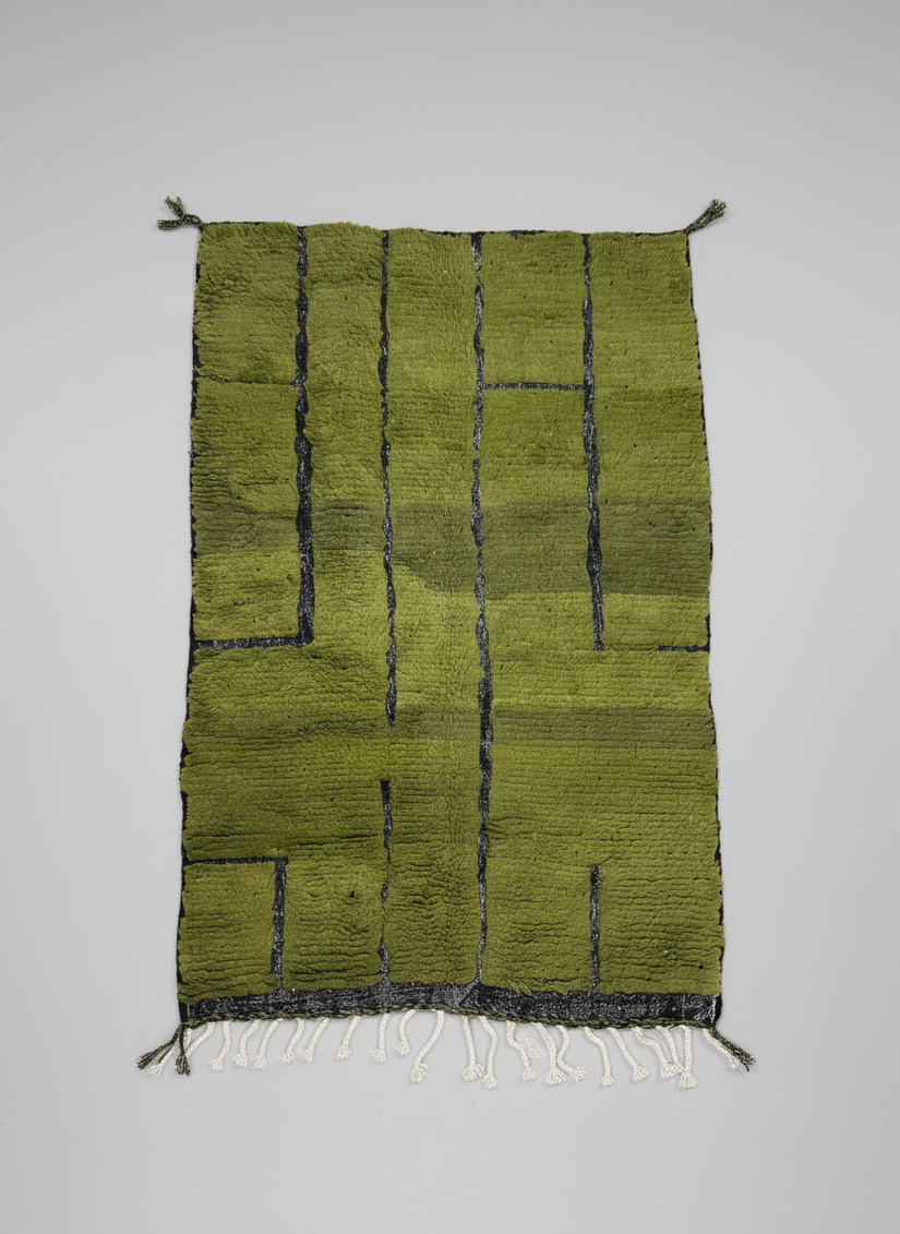 Handmade Moroccan Wool Area Rug – Olive Green with Black Line Pattern | 6.9 x 3.9 ft (2.1 x 1.2 m) | Modern Boho Living Room, Bedroom & Hallway Carpet