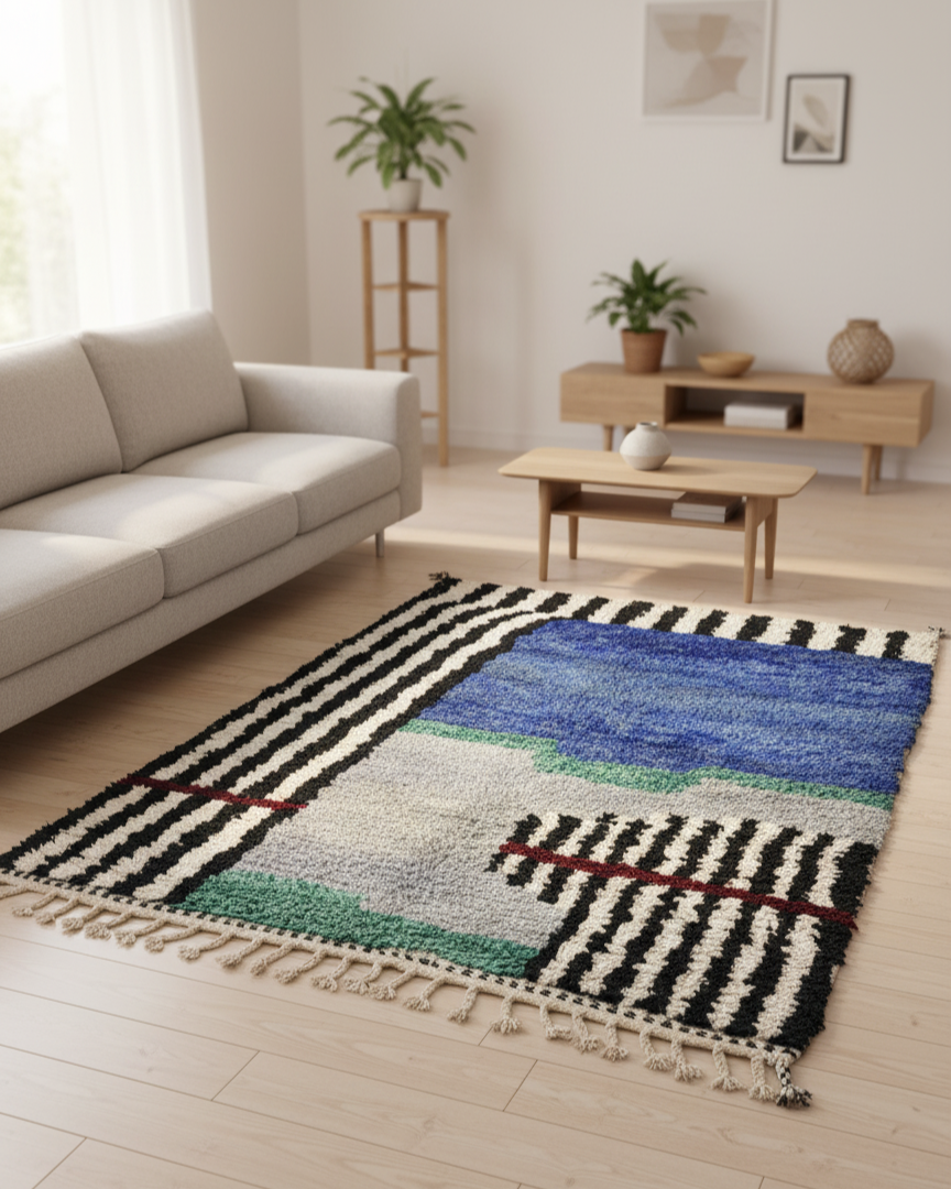 Handcrafted Moroccan Berber Rug – Vibrant Blue & Grey Abstract | 5’ × 7’ (150 × 215 cm) | Modern Boho Statement Rug