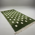Handwoven Moroccan Berber Runner Rug – Green & White Geometric | 5’ × 15’ (150 × 457 cm) | Wool High-Pile Hallway Rug