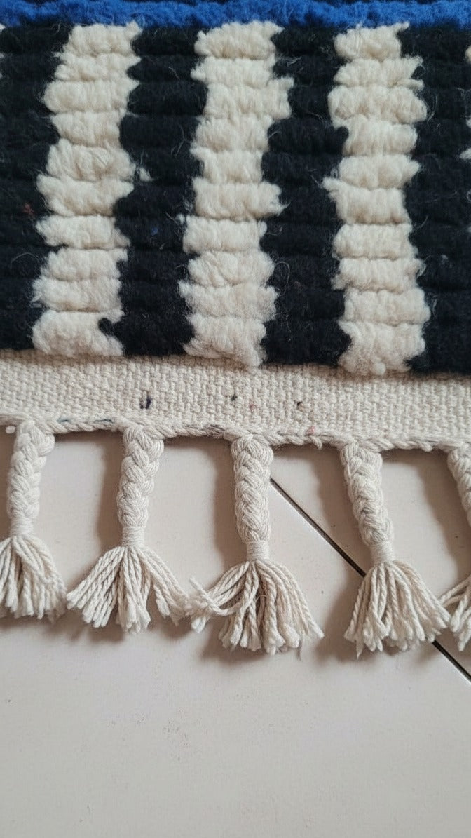 Handmade Wool Runner Rug – Moroccan Blue Runner Rug with Black & White Linen Sides | 5.1 x 3.0 ft (1.55 x 0.9 m) | Hallway & Entryway Boho Accent Carpet