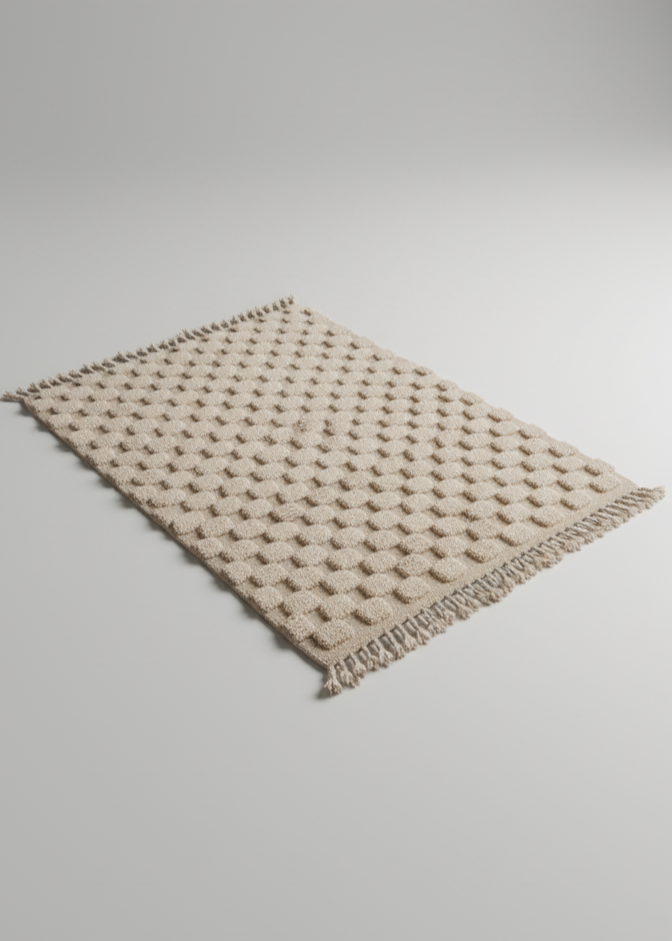 Handmade Beige/White Area Rug – 5.6’ × 8.66’ (172 × 264 cm) | Moroccan hand Tufted  Checkered Rug for living room | Boho Bedroom rugs & Scandinavian Decor Carpet