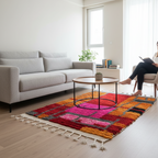 Handcrafted Moroccan Rug – Vibrant Pink, Red & Orange Geometric Design | 2.8’ × 4.9’ (85 × 150 cm) | Modern Berber Accent Rug
