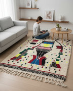 Hand-Knotted Moroccan Azilal Rug – Vibrant Abstract Totem Design | 7.9 x 4.9 ft (2.4 x 1.5 m) | Plush Wool Statement Rug