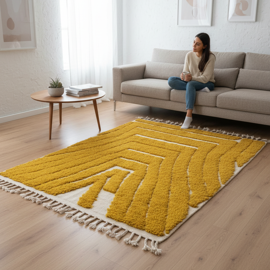 Handcrafted Moroccan-Style Area Rug – Mustard Yellow & Cream Geometric Design | 4’ × 6’ (120 × 180 cm) | Modern Boho Accent Rug