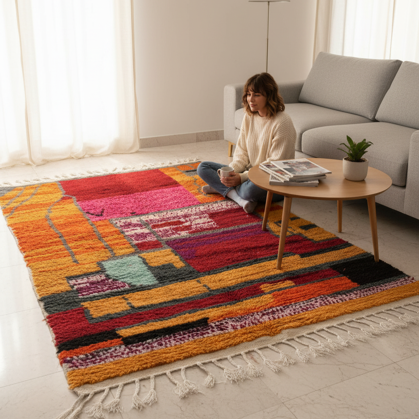 Handcrafted Moroccan Berber Rug – Abstract Color Block Design | 5’ × 8’ (150 × 240 cm) | Vibrant Modern Boho Statement