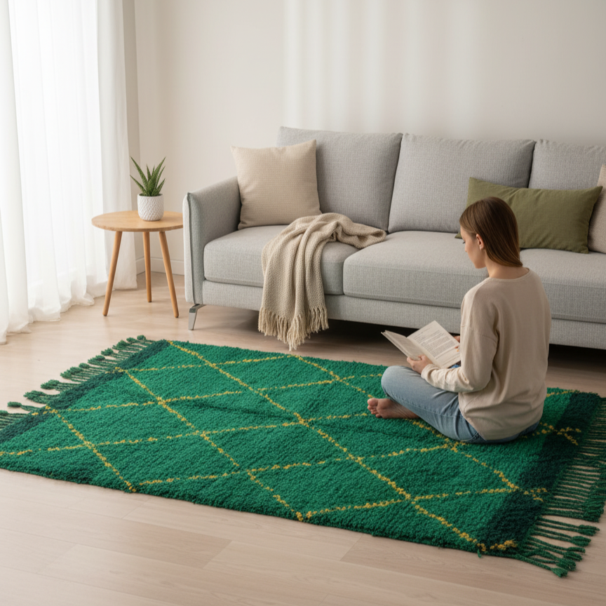 Handcrafted Moroccan Berber Rug – Deep Green & Golden Yellow Diamond Design | 5’ × 7’ (150 × 220 cm) | Plush Wool Shag