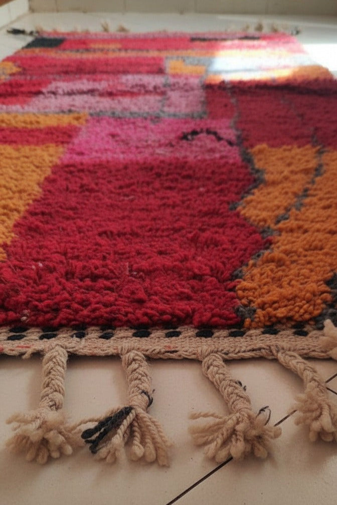 Berber Area Rug, Handwoven Wool Carpet, Orange Moroccan Runner Rug Red & Orange Base with Black & Pink Accents | 6.2 x 3.1 ft (1.9 x 0.95 m) | Small Wool Rug for Hallways, Bedrooms & Modern Boho Décor