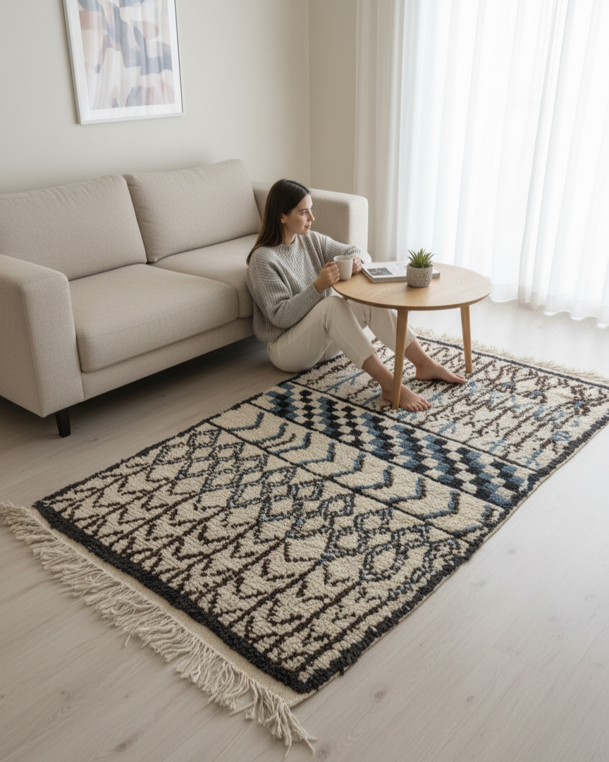 Unique Handcrafted Moroccan Carpet, Berber Rug for living room  – Cream & Black with Minimalist Blue Area Rug | 3.6’ × 6.6’ (110 × 200 cm) | Berber  Geometric Wool Rug