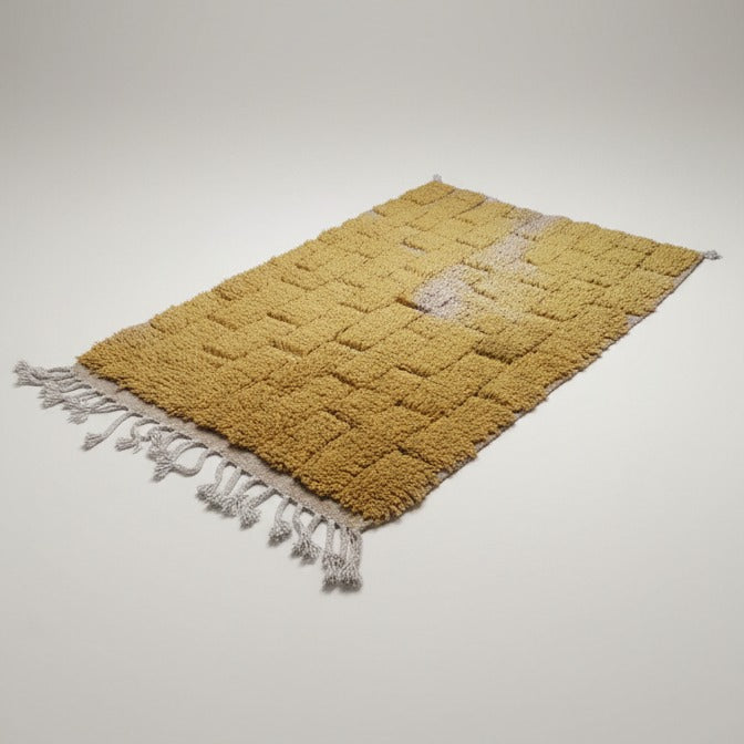 Handmade Carpet - Moroccan Yellow Runner Rug – Brick Pattern Rug for living room | 4.6 x 3.0 ft (1.4 x 0.9 m) | Vintage Modern Style for Hallways, Bedrooms & Entryways