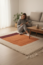Handwoven Moroccan Bohemian Rug – 3.2’ × 5.2’ (100 × 160 cm) | High-Pile Wool Accent Rug | Terracotta & Burgundy