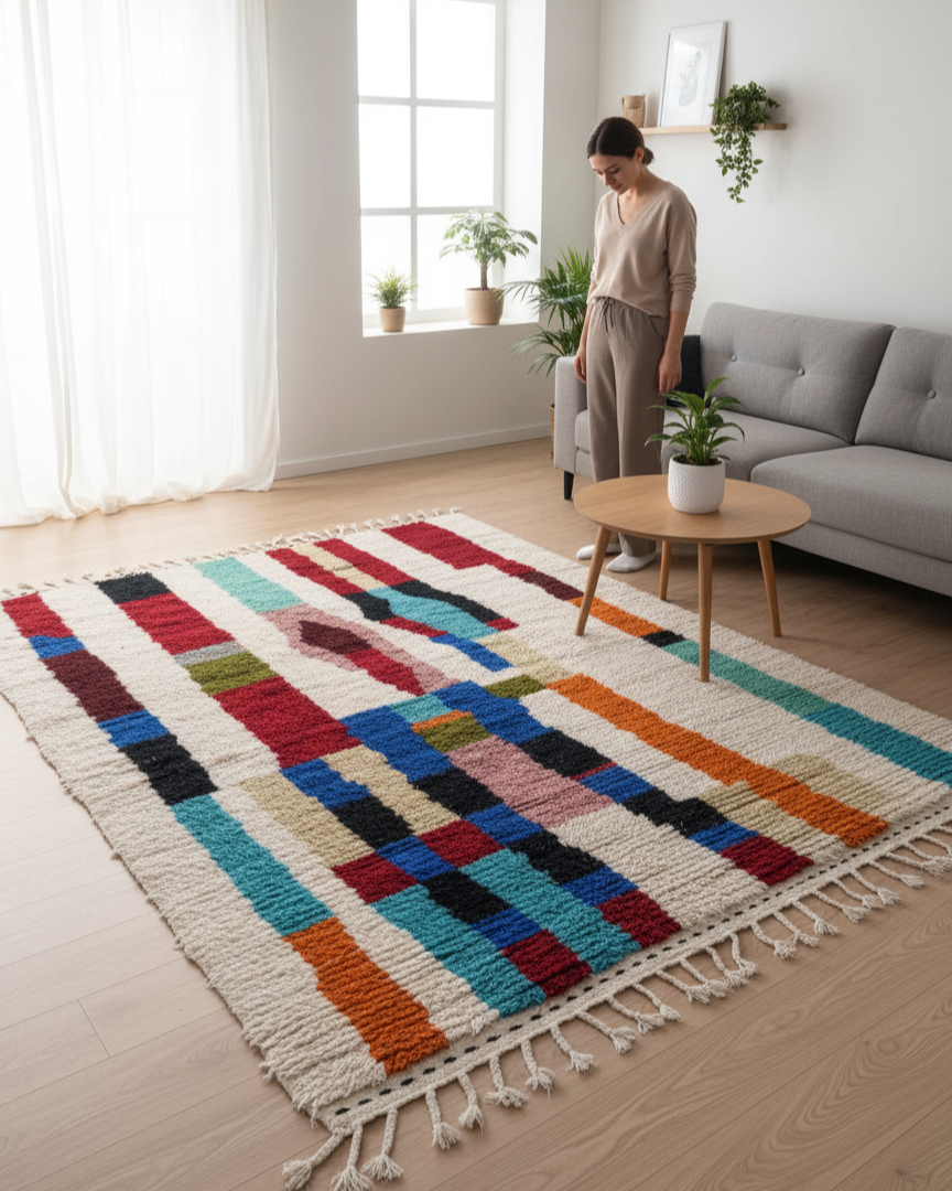 Handcrafted Moroccan Berber Rug – Cream Base with Multicolor Abstract Design | 6’ × 9’ (180 × 280 cm) | Plush Wool