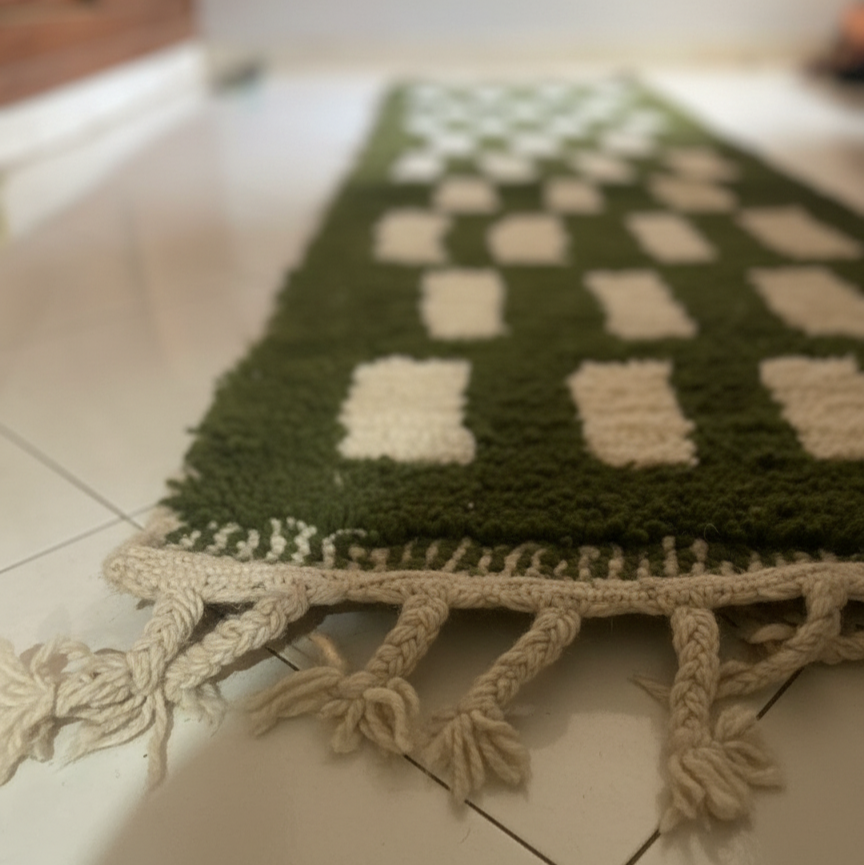 Handmade Moroccan Runner Rug – Olive Green with Cream Geometric Pattern | 7.5 x 2.1 ft (2.3 x 0.65 m) | Wool Hallway & Entryway Carpet