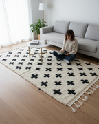 Handwoven Moroccan Beni Ourain Runner Rug – Black & White Geometric | 4.2’ × 12.8’ (150 × 390 cm) | Wool High-Pile Hallway Rug