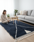 Handmade Moroccan Berber Rug – Black & Ivory Geometric 'X' Design | 4’ × 6.5’ (120 × 200 cm) | Plush Wool Area Rug