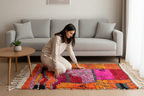 Handcrafted Moroccan Boucherouite Rug – Vibrant Hot Pink & Orange Color-Block | 2.6’ × 4.3’ (80 × 130 cm) | Boho & Modern Accent Rug