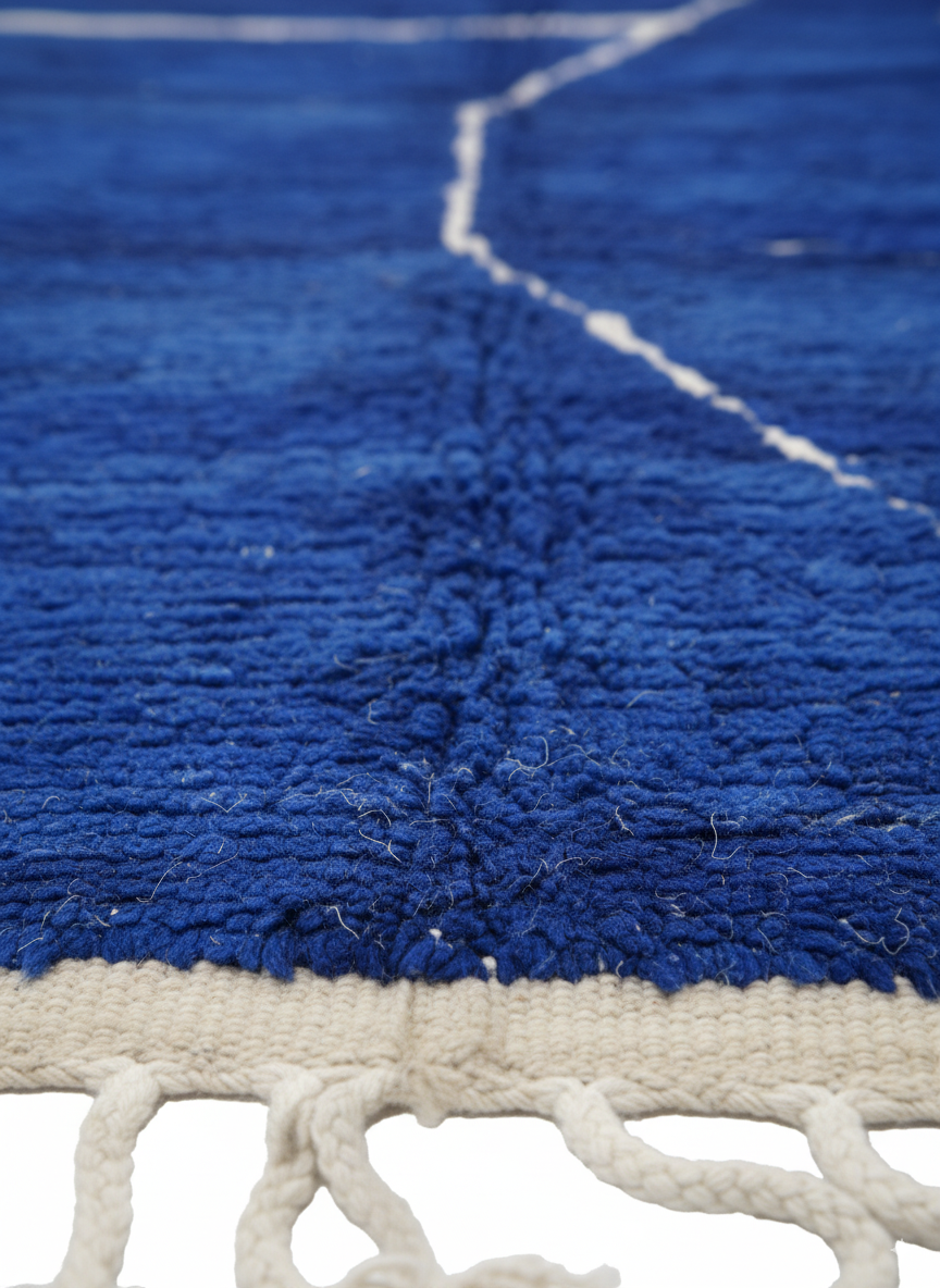 Authentic Moroccan Carpet - Handmade Wool Area Rugs – Blue Rug with White Line Pattern Relief | 6.1 x 8.0 ft (1.85 x 2.45 m) | Modern Boho Living Room, Bedroom & Area Rug