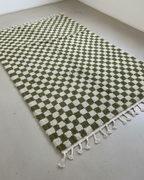 Moroccan Checkered Rug – Green & White Wool handmade Carpet | 8 x 5 ft (2.4 x 1.5 m) | Stylish Modern Handmade Living Room & Bedroom Area Rug
