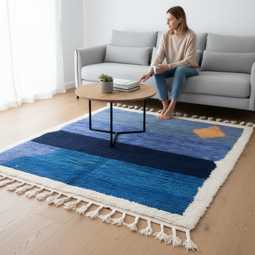 Handcrafted Moroccan Beni Ourain-Style Rug – Plush Blue & Orange Color Block | 4.8’ × 5.6’ (170 × 145 cm) | Modern & Contemporary Accent Rug