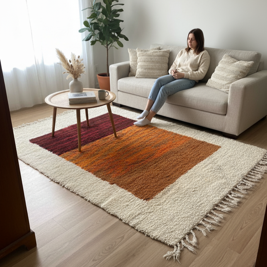 Handwoven Orange/Red Area Rug – Moroccan Luxury Berber Rug 6.5’ × 8.2’ (182 × 250 cm) | Medium-Pile Wool Rug, Orange Room Rug | Desert Sunset Design