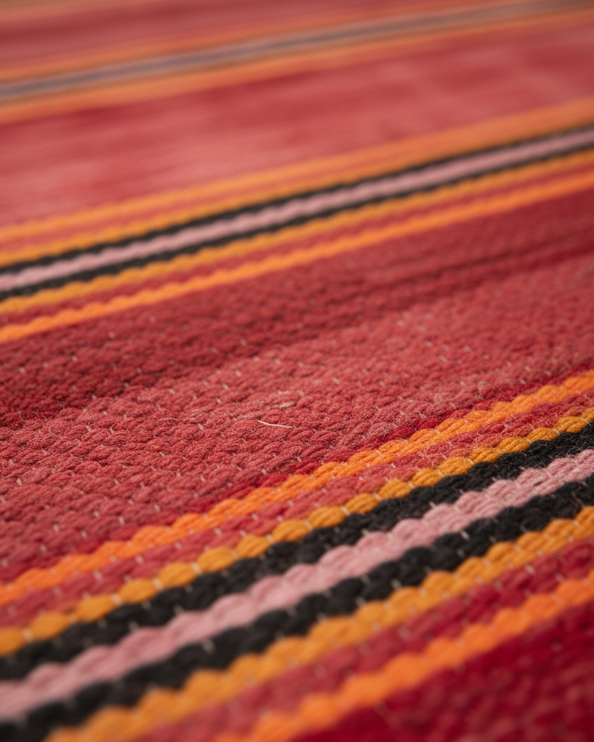Vintage Moroccan Kilim Flatweave Rug – Handmade Wool Striped Carpet | 9.8 x 5.2 ft (3 x 1.6 m) | Red, Black, Orange & Yellow Rustic Boho