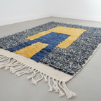 Modern Moroccan Rug – Abstract Geometric Yellow & Blue Design on Navy Heathered Background | 6.6 x 4.3 ft (2 x 1.3 m) | Handwoven Wool Statement Rug