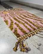 Handcrafted Moroccan Rug – Dusty Pink & Ochre Geometric-Shag Design | 2.7’ × 4.2’ (82 × 128 cm) | Boho Wool Accent Rug