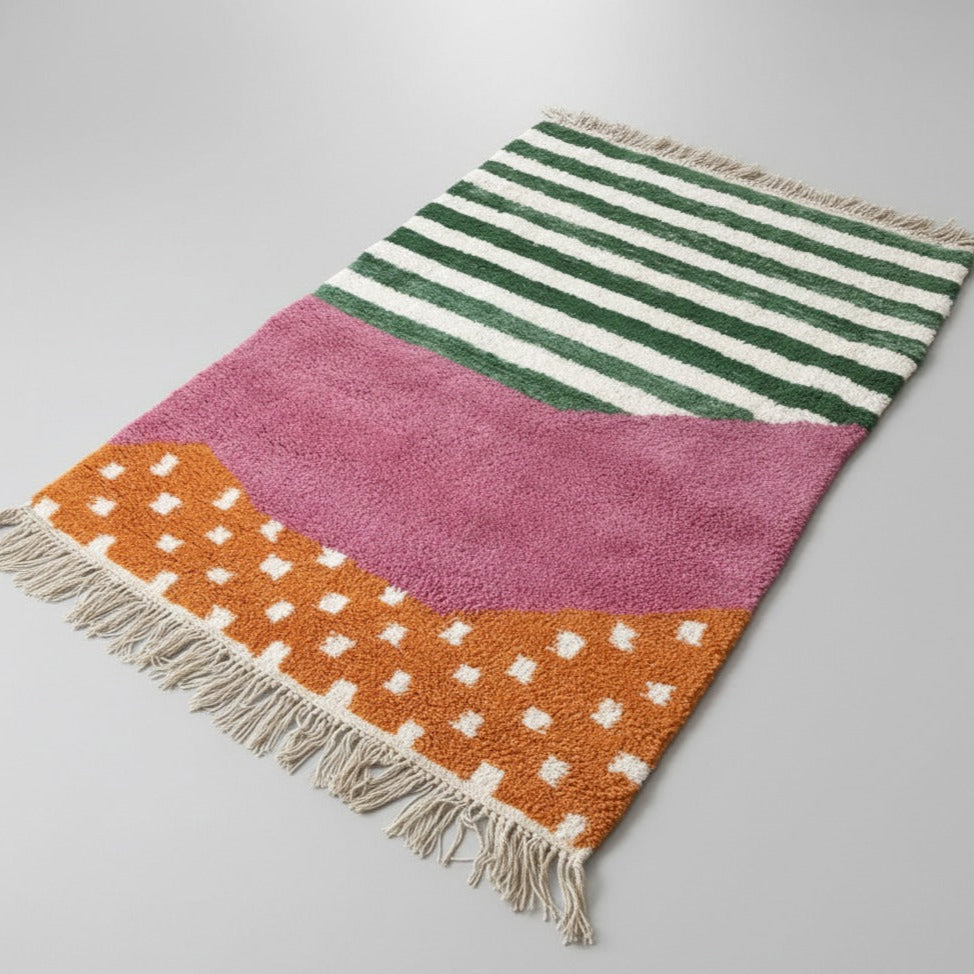 Modern Handmade Moroccan Luxury Rug – Large /area Rug 10.5 x 7.2 ft (3.2 x 2.2 m) | Green, Pink & Orange Wool Area Carpet for Living Room or Bedroom