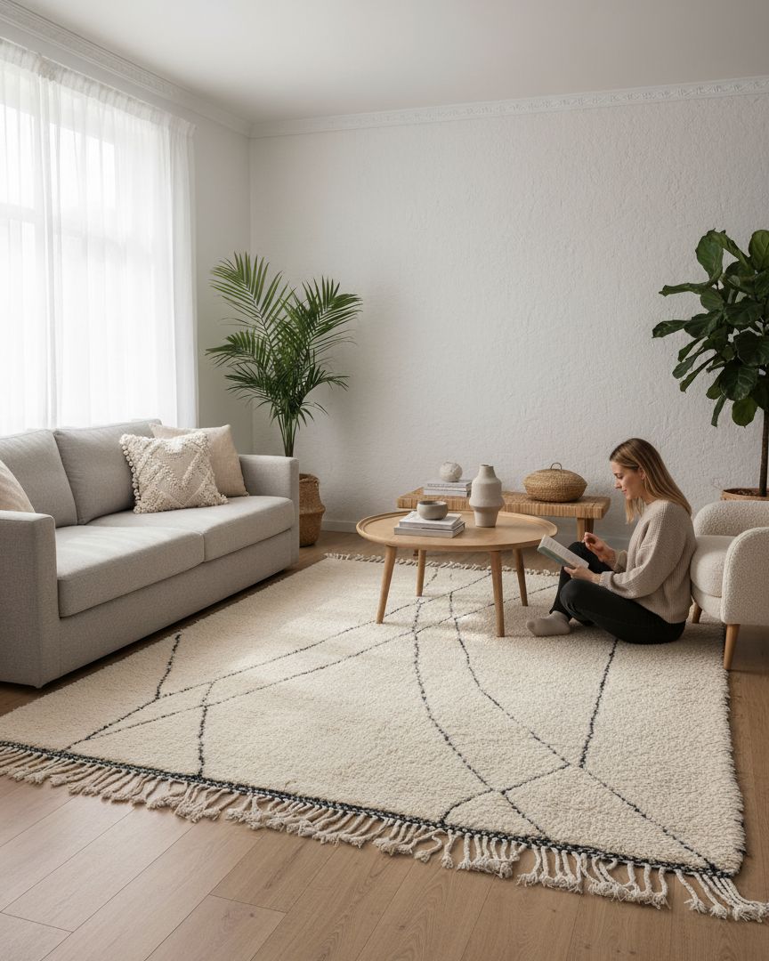 Handmade Moroccan Beni Ourain Rug – Minimalist Geometric Black & Ivory Design | 6.9’ × 8.5’ (210 × 260 cm) | Plush Wool Area Rug