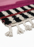 Handmade modern Carpet, Moroccan Rug, Area Rug in baby pink & fuchsia tones with black and white abstract linen pattern - Square Rug | 6.6 x 6.6 ft (2 x 2 m) | perfect for pink bedrooms & chic interiors.