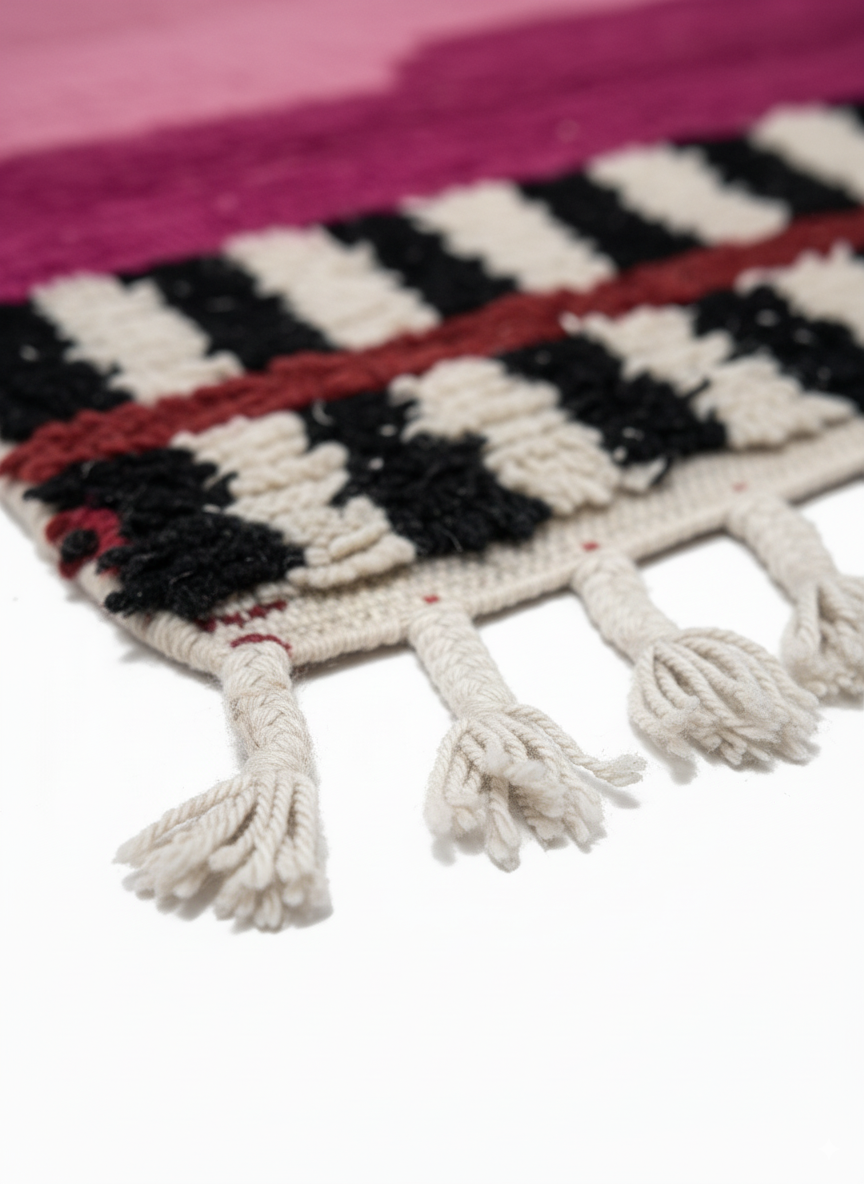 Handmade modern Carpet, Moroccan Rug, Area Rug in baby pink & fuchsia tones with black and white abstract linen pattern - Square Rug | 6.6 x 6.6 ft (2 x 2 m) | perfect for pink bedrooms & chic interiors.