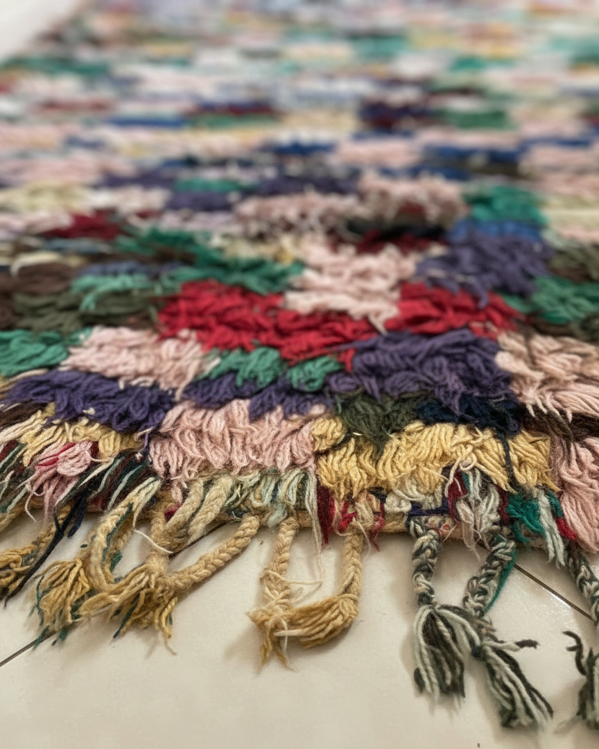 Handmade Moroccan Boucherouite Runner Rug – Colorful Shaggy Rag Rug | 3.6 x 8.2 ft (1.1 x 2.5 m) | Eclectic Boho Hallway Carpet