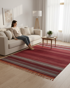 Vintage Moroccan Kilim Hanbel Rug – Handwoven Wool Flatweave Carpet | 9.7 x 6.2 ft (2.95 x 1.9 m) | Red, Grey & Orange Rustic Berber Stripe