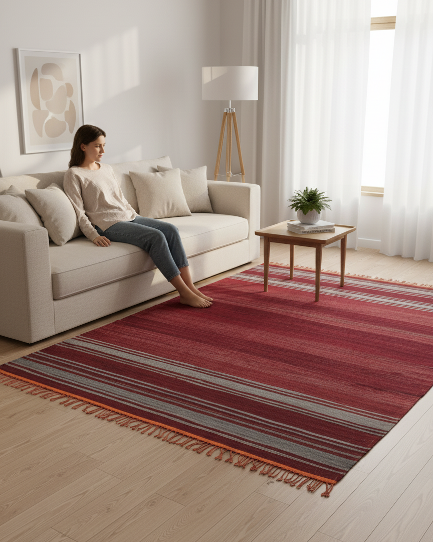 Vintage Moroccan Kilim Hanbel Rug – Handwoven Wool Flatweave Carpet | 9.7 x 6.2 ft (2.95 x 1.9 m) | Red, Grey & Orange Rustic Berber Stripe