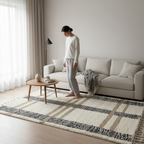 LUXURY Moroccan Area Rug , Handmade White Berber Rug with linene patern and gold Details.